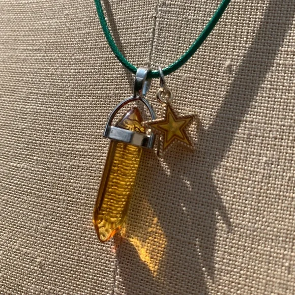 Handmade Honey Amber Resin Crystal Amulet Necklace & Enamel Star Charm - Picture 2 of 10